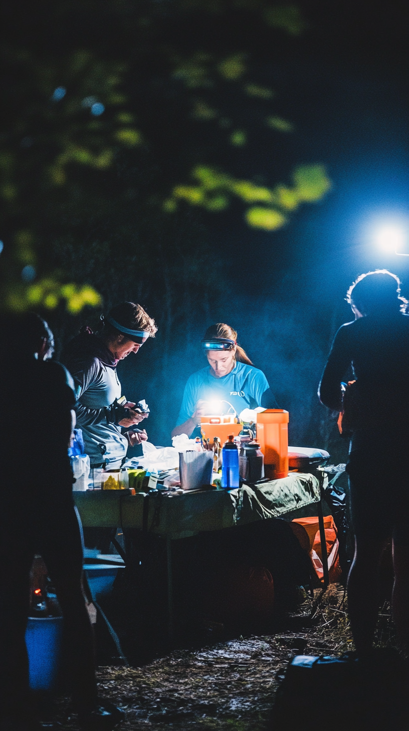 Équipe assistance ravitaillement nuit trail