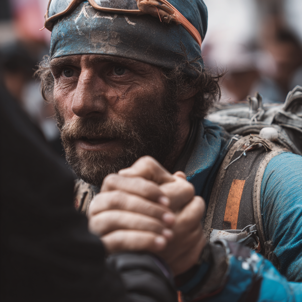 Coureur ultra trail à l'arrivée épuisé