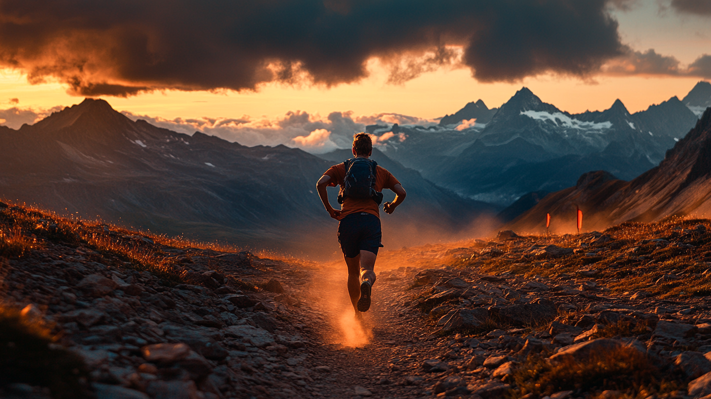 Coureur trail montagne coucher de soleil