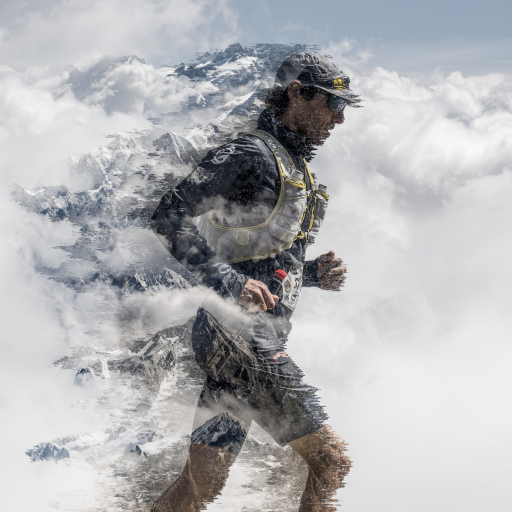 Double exposition coureur trail montagne
